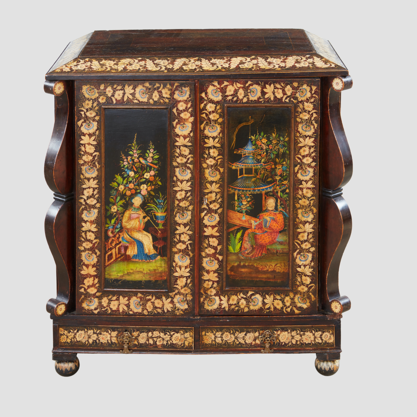 A VERY FINE REGENCY PARCEL GILT AND POLYCHROME JAPANNED AND PENWORK CABINET c. 1820