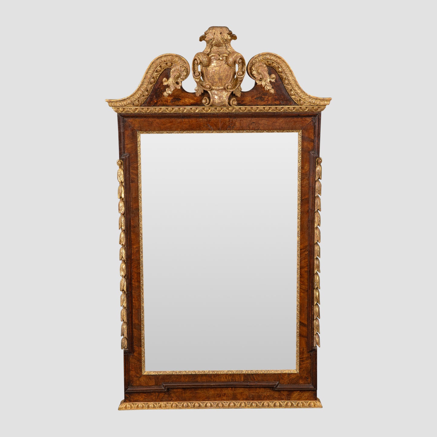 George II Burr Walnut and Parcel Gilt Mirror