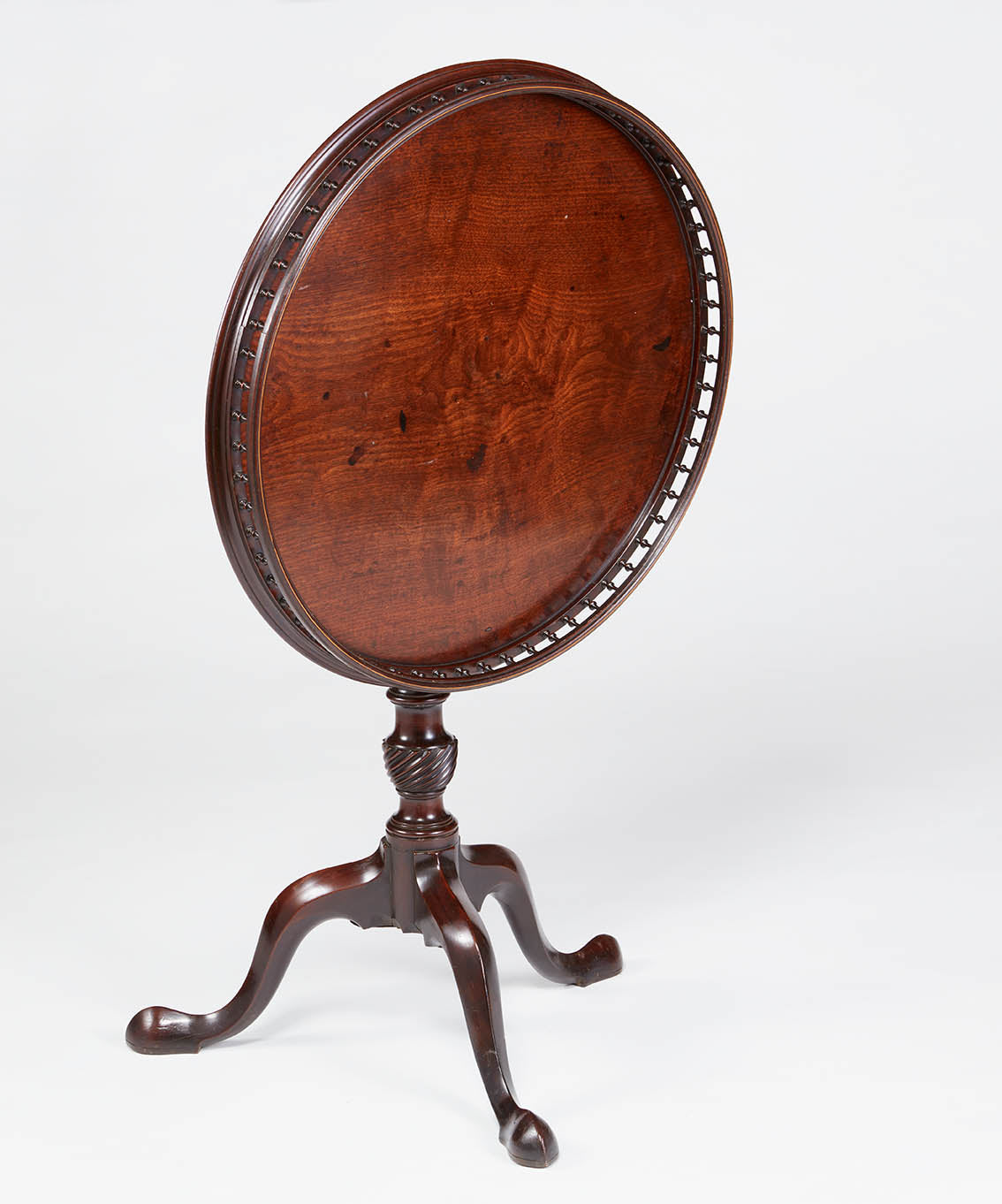 English mahogany tilt top tripod table with gallery top