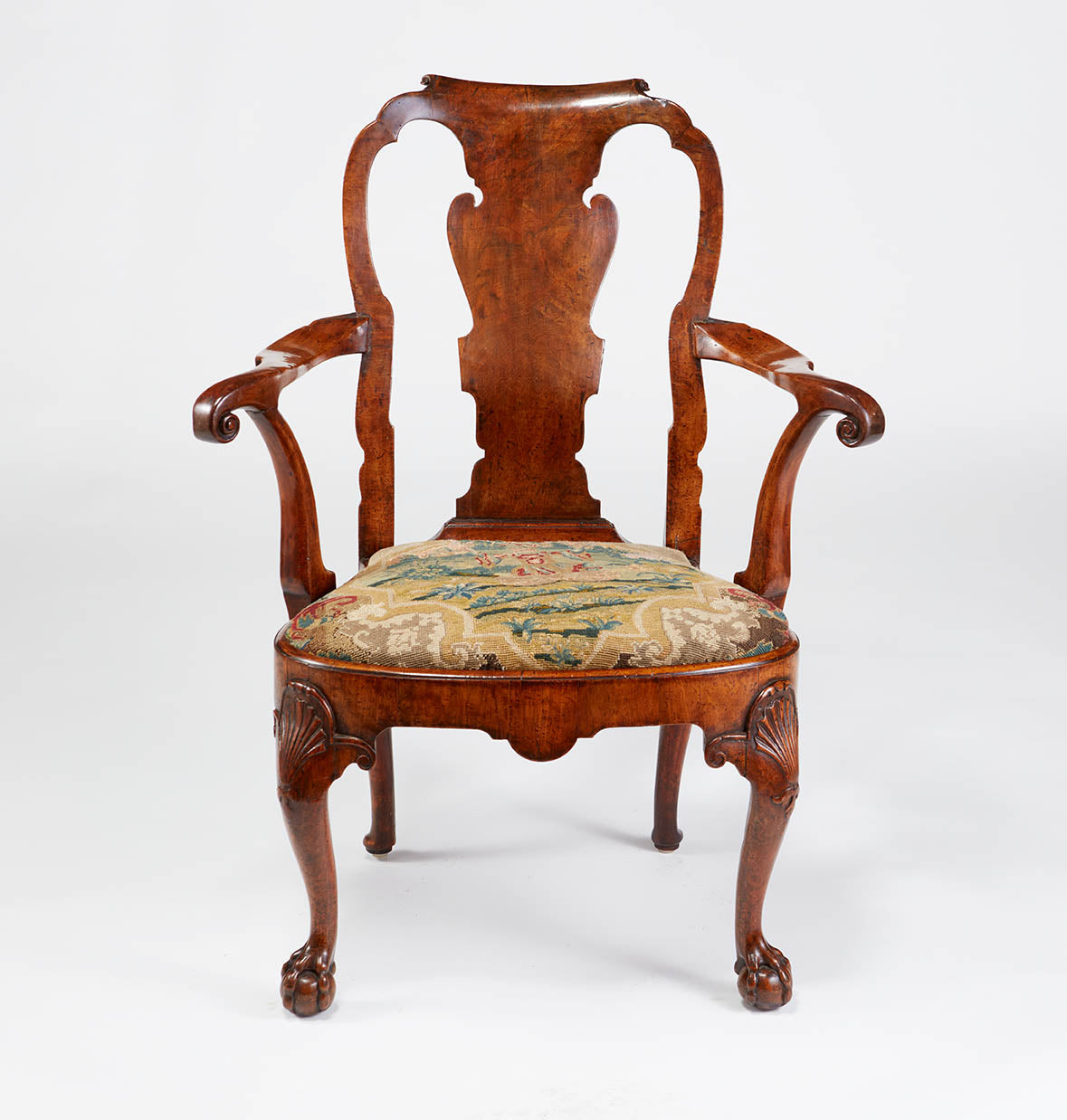 Walnut Open Armchair with Needlepoint Seat circa 1745