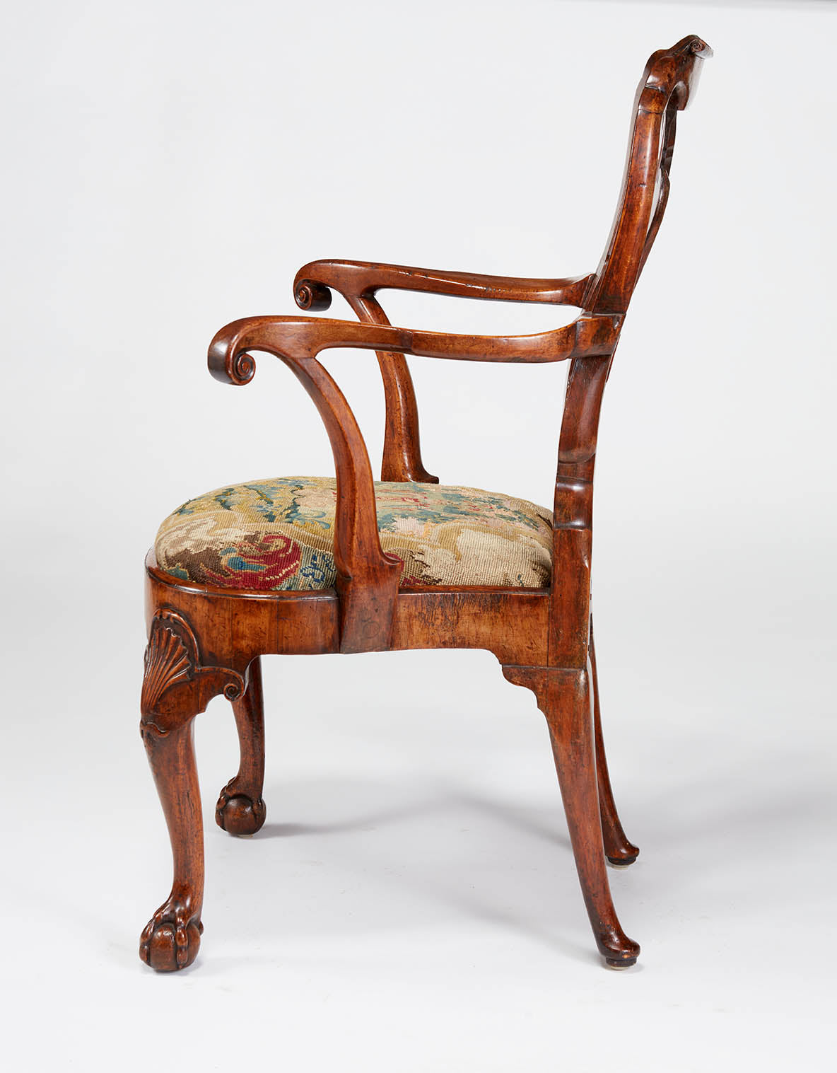 Walnut Open Armchair with Needlepoint Seat circa 1745
