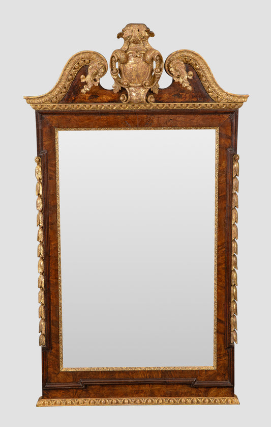 George II Burr Walnut and Parcel Gilt Mirror