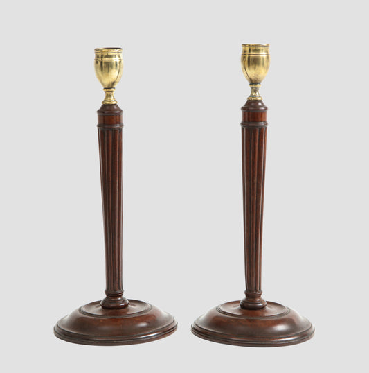 Pair of Mahogany and Brass Candlesticks