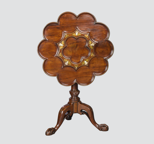 Brass and Mother of Pearl Inlaid Tripod Table in the Manner of Frederick Hintz