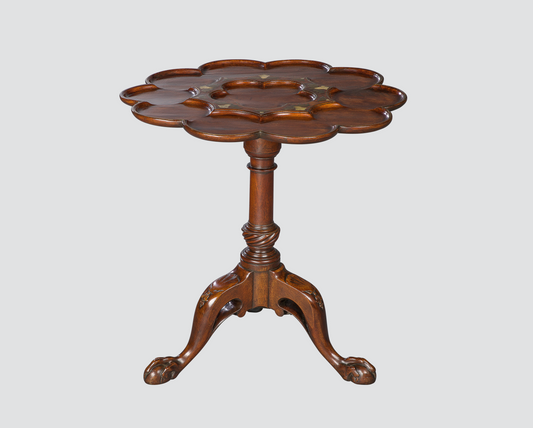 Brass and Mother of Pearl Inlaid Tripod Table in the Manner of Frederick Hintz